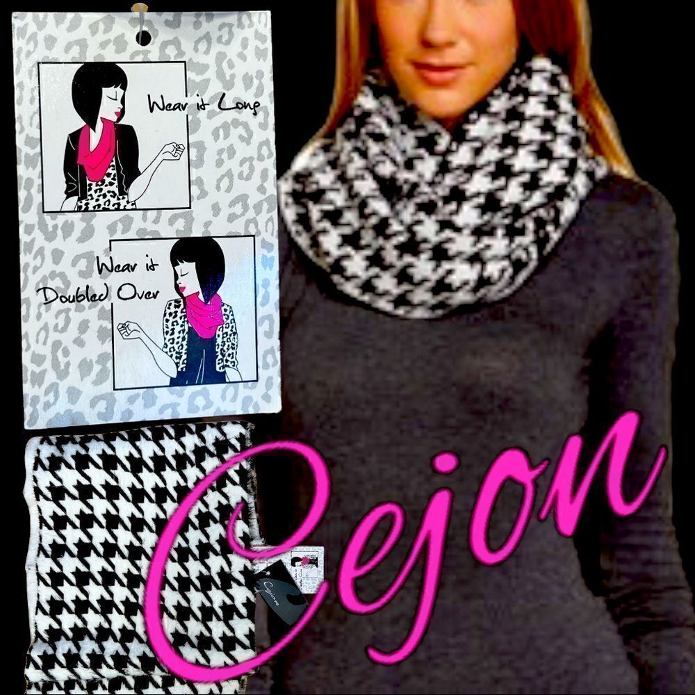 NWT  Cejon Infinity Houndstooth Black and White  Scarf